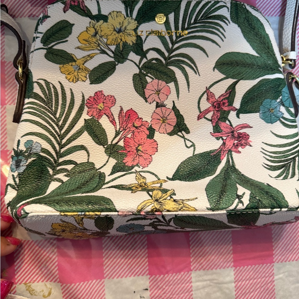 Liz Claiborne White and Green Shoulder Bag with Tropical Print